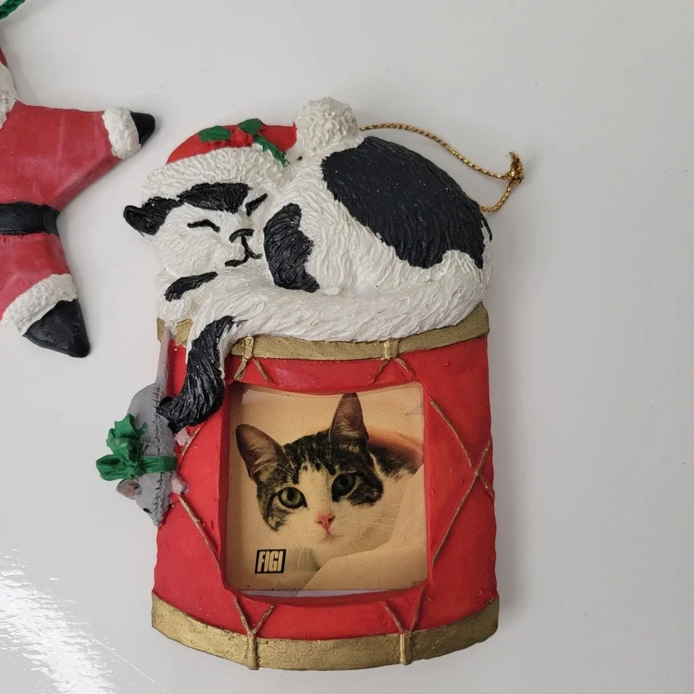 Vintage 1992 Star Santa &‎ Drum Kitten Photo Frame 1991 Christmas Ornaments Lot
